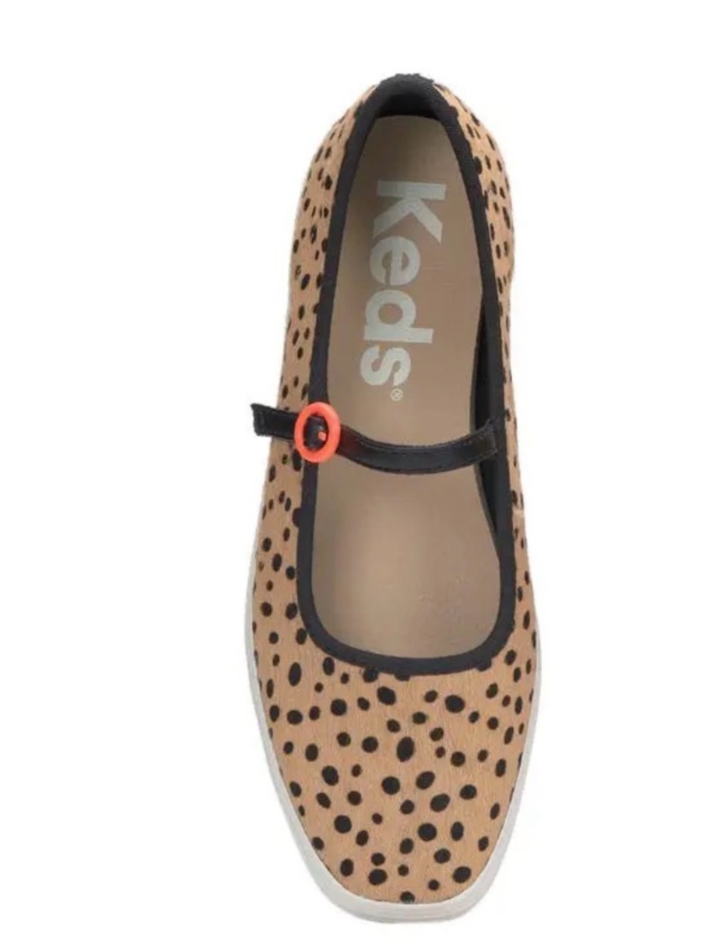 Keds Tan Leopard Mary Jane Flats with Black Trim and Orange Button